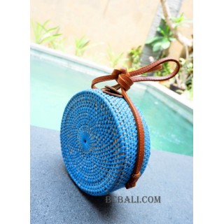 straw synthetic rattan circle bag color blue dongker